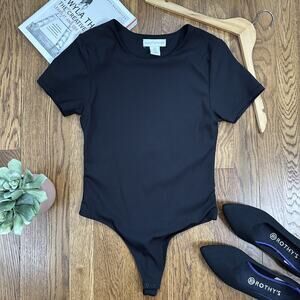 House of Harlow 1960 Black Ribbed Short Sleeve Bodysuit